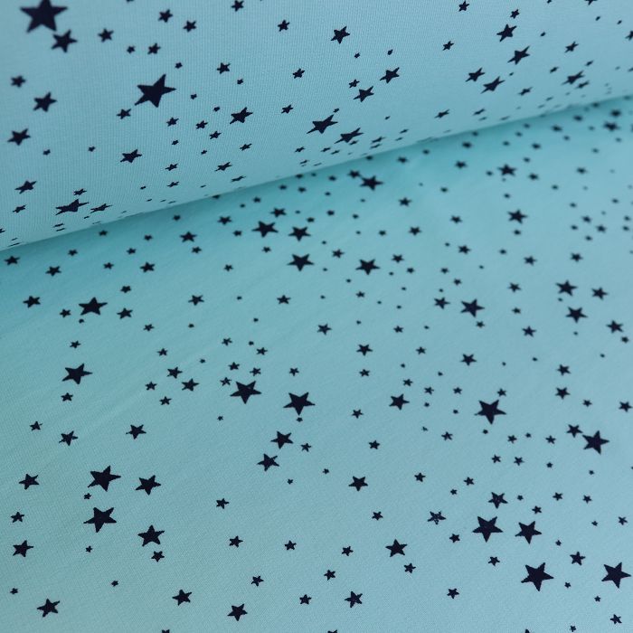 Футер 2-х нитка петля качество пенье, шир.180см, черные звезды на голубом