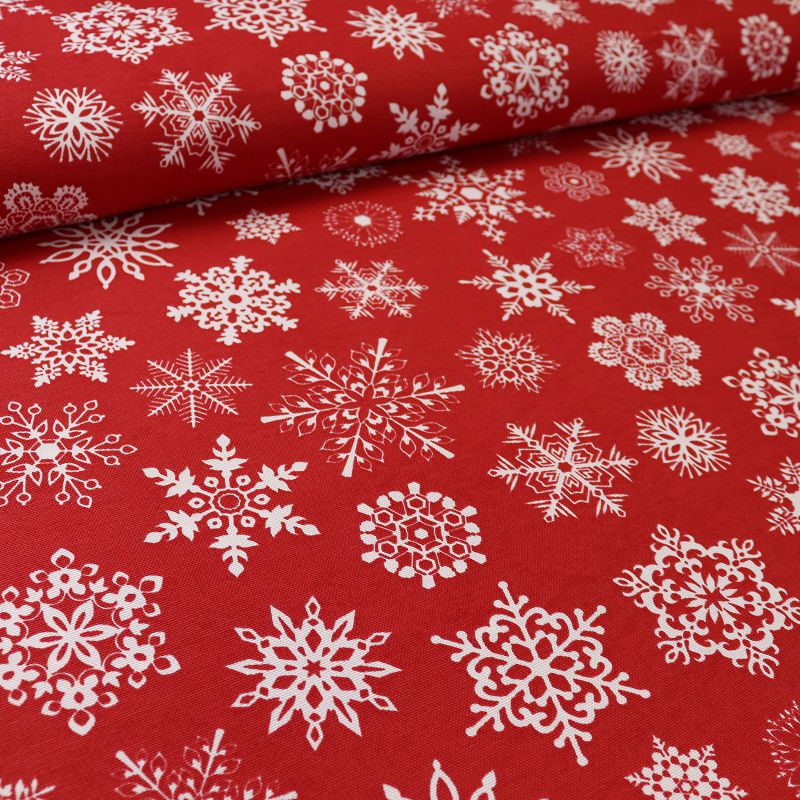 Ткань декоративная  с тефлоновой пропиткой шир.180см, белые снежинки на красном