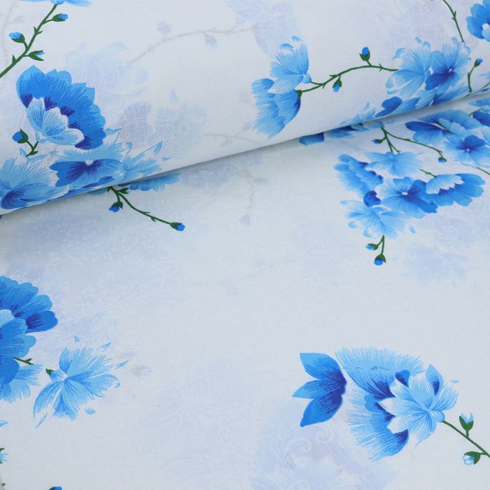 Бязь набивная шир.220см, голубые цветы на белом